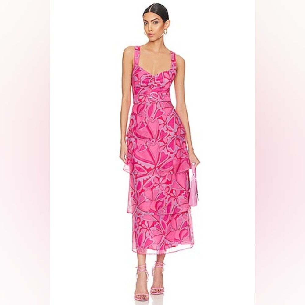 Show Me Your MuMu Pink Floral Tiered Midi Dress